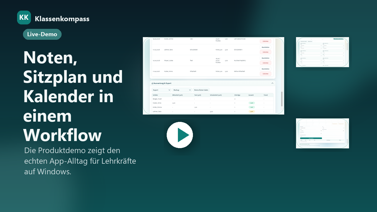 Videovorschau von Klassenkompass mit Notenübersicht, Sitzplan und Klassenkalender.